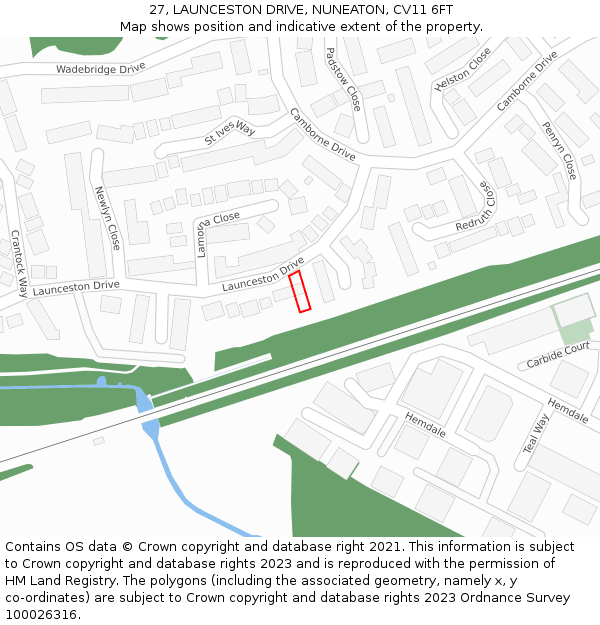 27, LAUNCESTON DRIVE, NUNEATON, CV11 6FT: Location map and indicative extent of plot