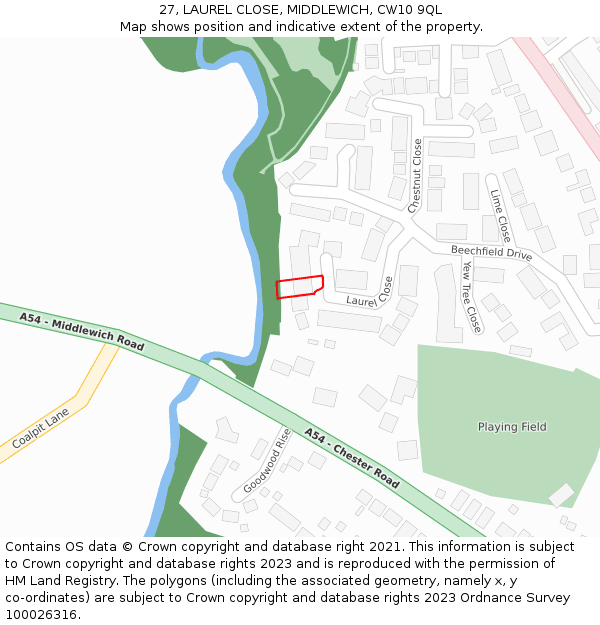 27, LAUREL CLOSE, MIDDLEWICH, CW10 9QL: Location map and indicative extent of plot
