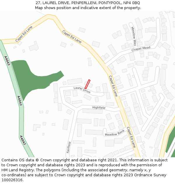 27, LAUREL DRIVE, PENPERLLENI, PONTYPOOL, NP4 0BQ: Location map and indicative extent of plot