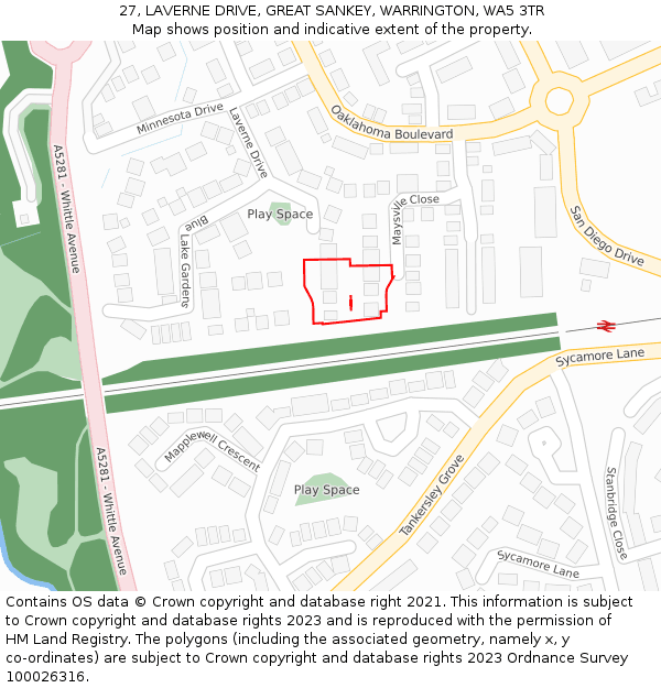 27, LAVERNE DRIVE, GREAT SANKEY, WARRINGTON, WA5 3TR: Location map and indicative extent of plot