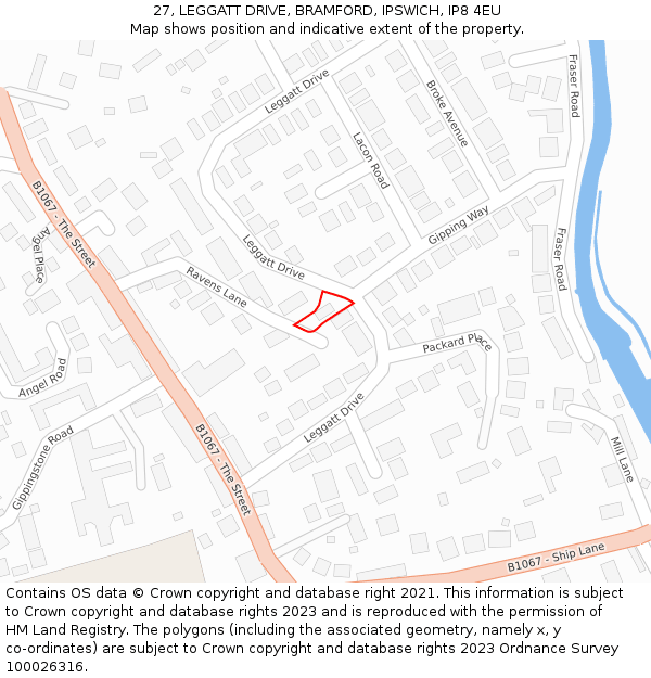 27, LEGGATT DRIVE, BRAMFORD, IPSWICH, IP8 4EU: Location map and indicative extent of plot