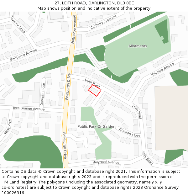 27, LEITH ROAD, DARLINGTON, DL3 8BE: Location map and indicative extent of plot