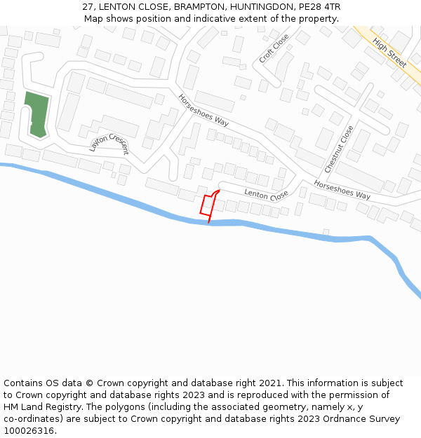 27, LENTON CLOSE, BRAMPTON, HUNTINGDON, PE28 4TR: Location map and indicative extent of plot