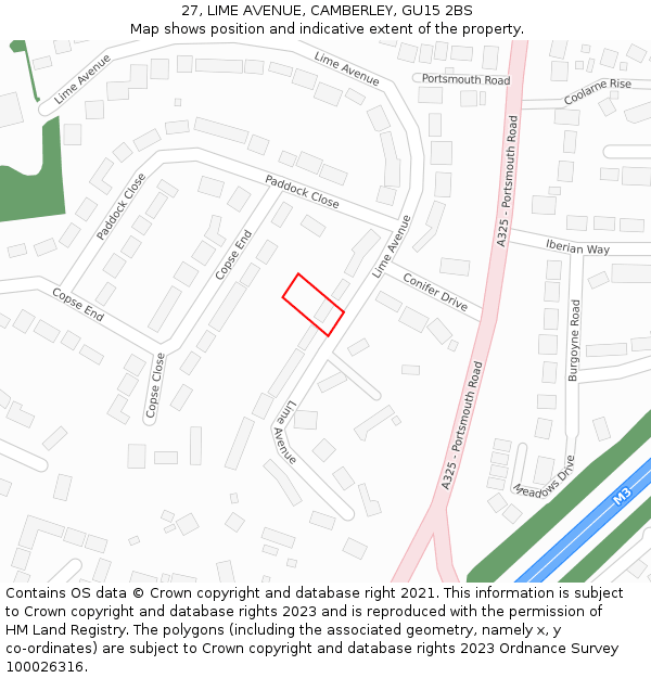 27, LIME AVENUE, CAMBERLEY, GU15 2BS: Location map and indicative extent of plot