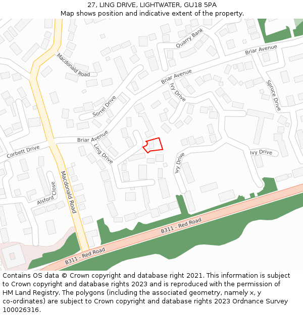 27, LING DRIVE, LIGHTWATER, GU18 5PA: Location map and indicative extent of plot