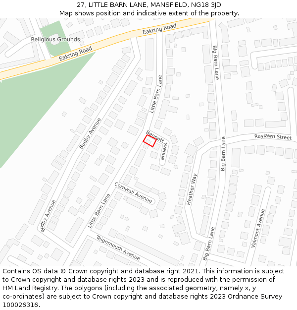 27, LITTLE BARN LANE, MANSFIELD, NG18 3JD: Location map and indicative extent of plot