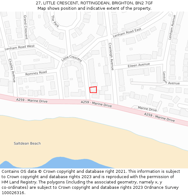 27, LITTLE CRESCENT, ROTTINGDEAN, BRIGHTON, BN2 7GF: Location map and indicative extent of plot
