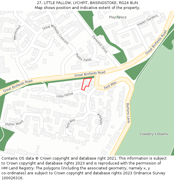 27, LITTLE FALLOW, LYCHPIT, BASINGSTOKE, RG24 8UN: Location map and indicative extent of plot