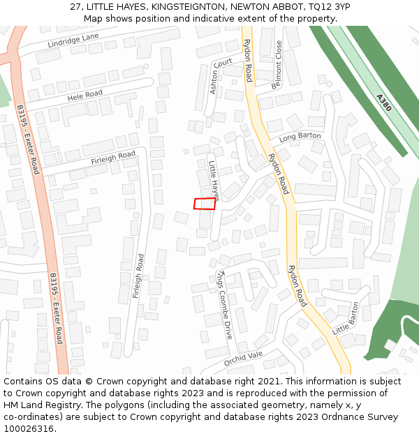 27, LITTLE HAYES, KINGSTEIGNTON, NEWTON ABBOT, TQ12 3YP: Location map and indicative extent of plot