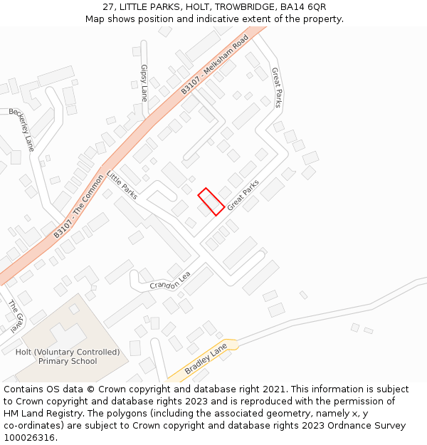 27, LITTLE PARKS, HOLT, TROWBRIDGE, BA14 6QR: Location map and indicative extent of plot