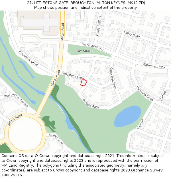 27, LITTLESTONE GATE, BROUGHTON, MILTON KEYNES, MK10 7DJ: Location map and indicative extent of plot