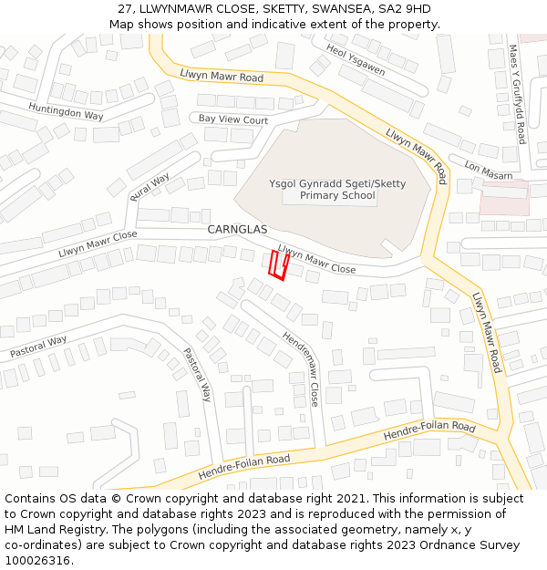 27, LLWYNMAWR CLOSE, SKETTY, SWANSEA, SA2 9HD: Location map and indicative extent of plot