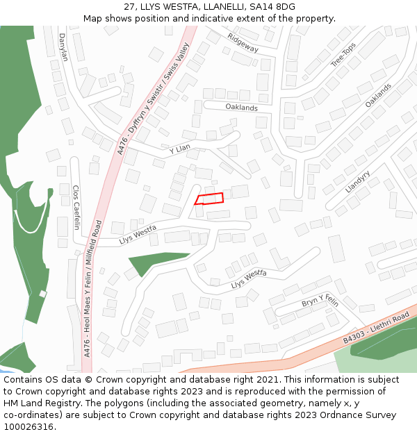 27, LLYS WESTFA, LLANELLI, SA14 8DG: Location map and indicative extent of plot