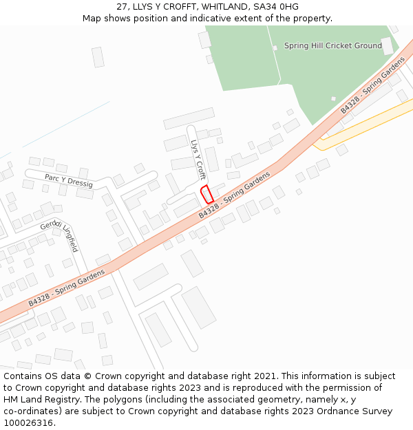 27, LLYS Y CROFFT, WHITLAND, SA34 0HG: Location map and indicative extent of plot
