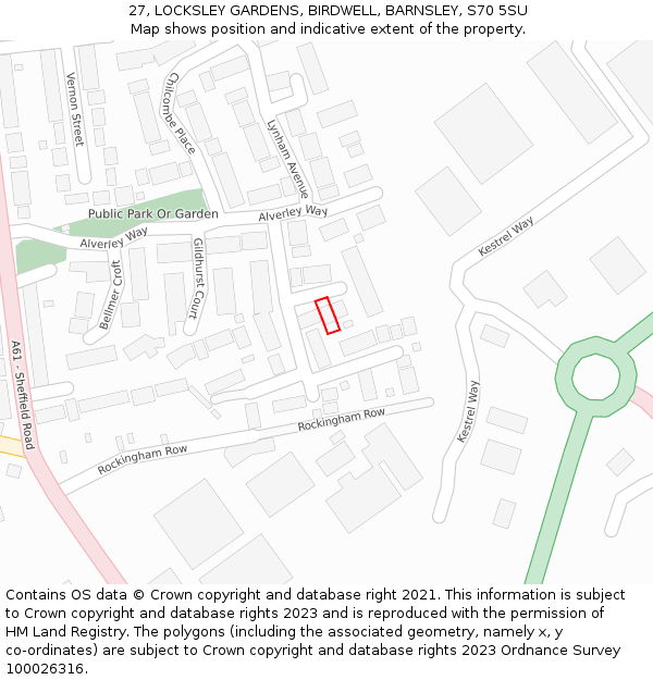 27, LOCKSLEY GARDENS, BIRDWELL, BARNSLEY, S70 5SU: Location map and indicative extent of plot