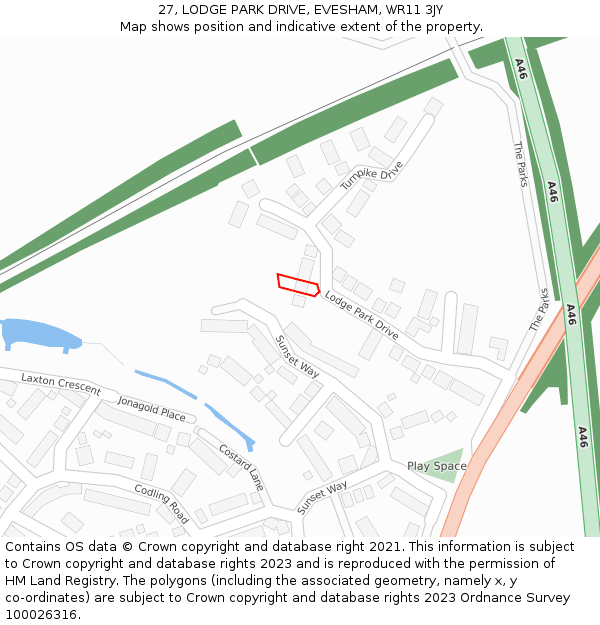 27, LODGE PARK DRIVE, EVESHAM, WR11 3JY: Location map and indicative extent of plot