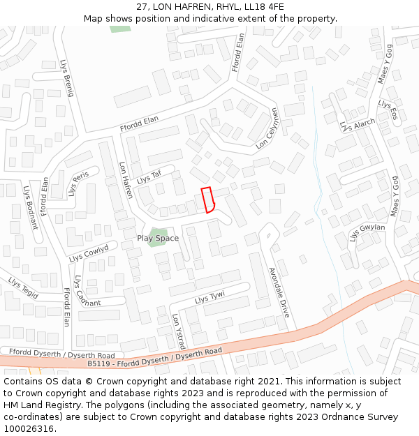 27, LON HAFREN, RHYL, LL18 4FE: Location map and indicative extent of plot