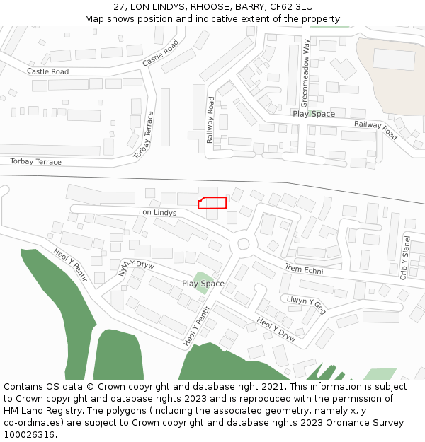 27, LON LINDYS, RHOOSE, BARRY, CF62 3LU: Location map and indicative extent of plot