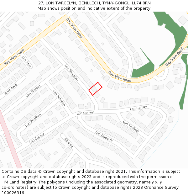 27, LON TWRCELYN, BENLLECH, TYN-Y-GONGL, LL74 8RN: Location map and indicative extent of plot
