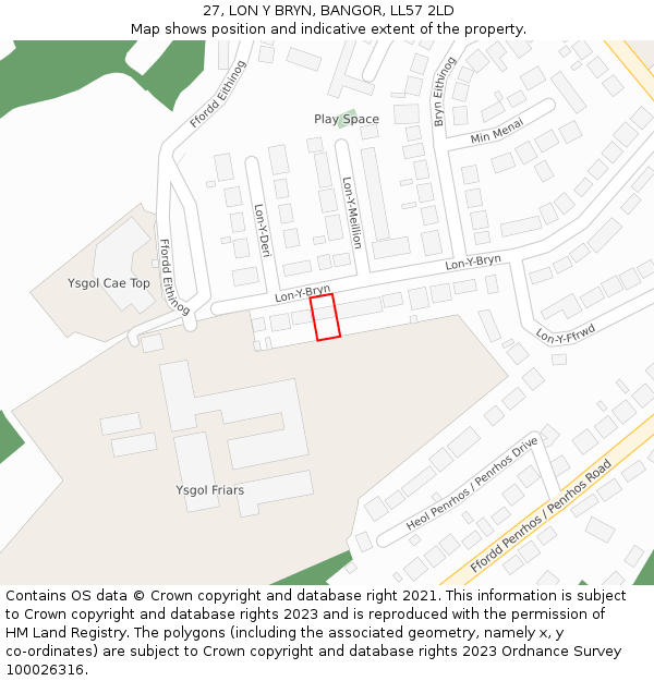 27, LON Y BRYN, BANGOR, LL57 2LD: Location map and indicative extent of plot