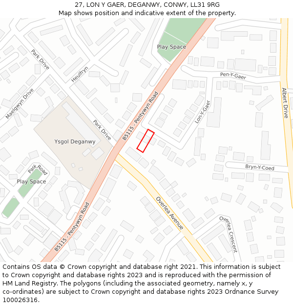 27, LON Y GAER, DEGANWY, CONWY, LL31 9RG: Location map and indicative extent of plot