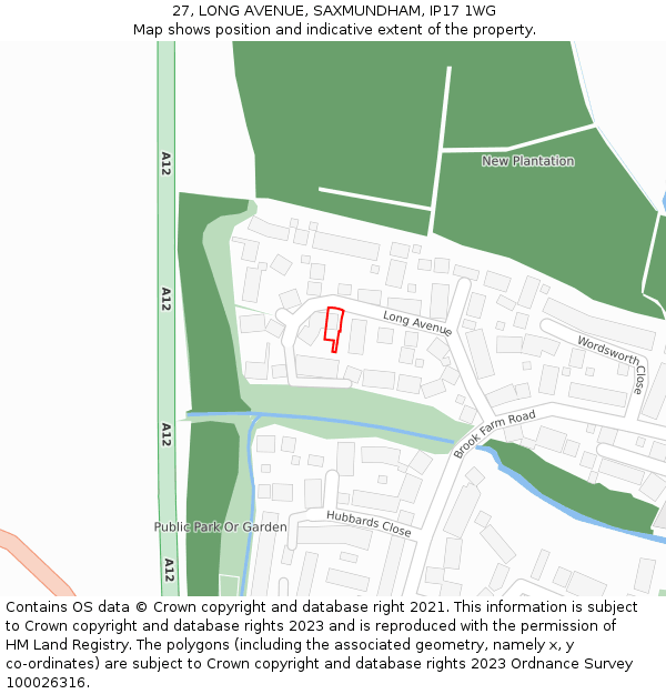 27, LONG AVENUE, SAXMUNDHAM, IP17 1WG: Location map and indicative extent of plot