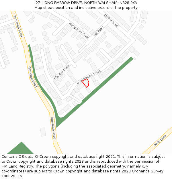 27, LONG BARROW DRIVE, NORTH WALSHAM, NR28 9YA: Location map and indicative extent of plot