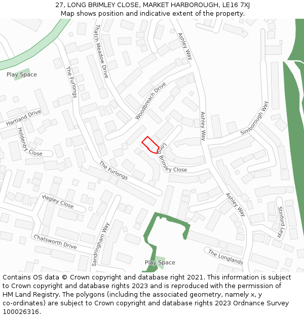 27, LONG BRIMLEY CLOSE, MARKET HARBOROUGH, LE16 7XJ: Location map and indicative extent of plot