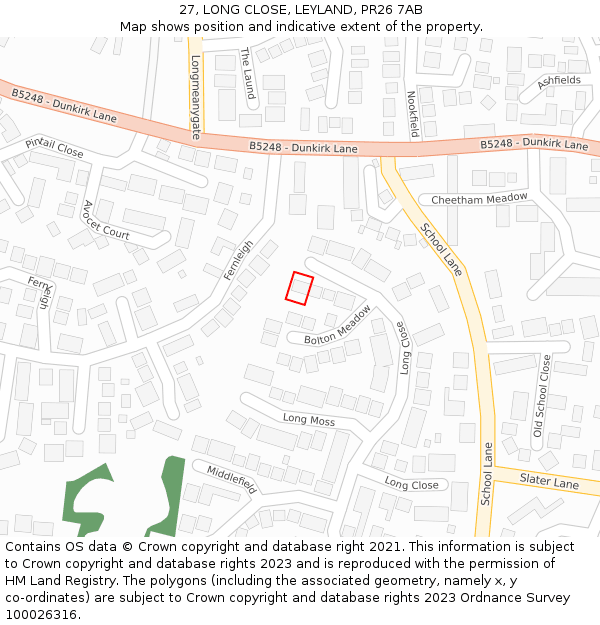 27, LONG CLOSE, LEYLAND, PR26 7AB: Location map and indicative extent of plot