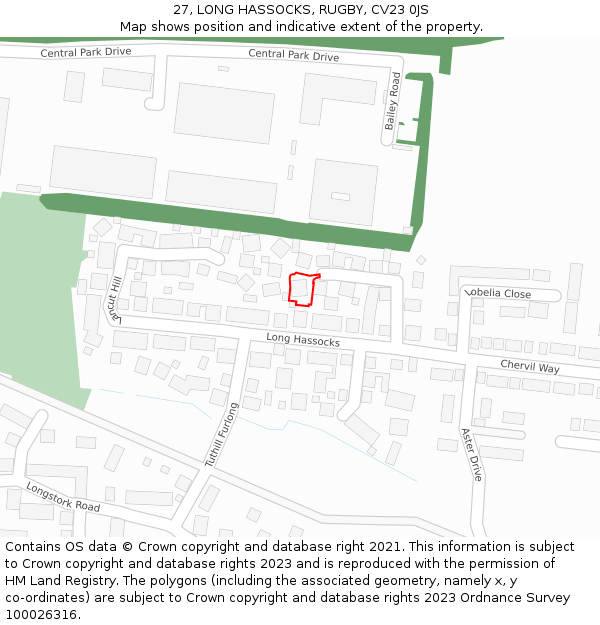 27, LONG HASSOCKS, RUGBY, CV23 0JS: Location map and indicative extent of plot