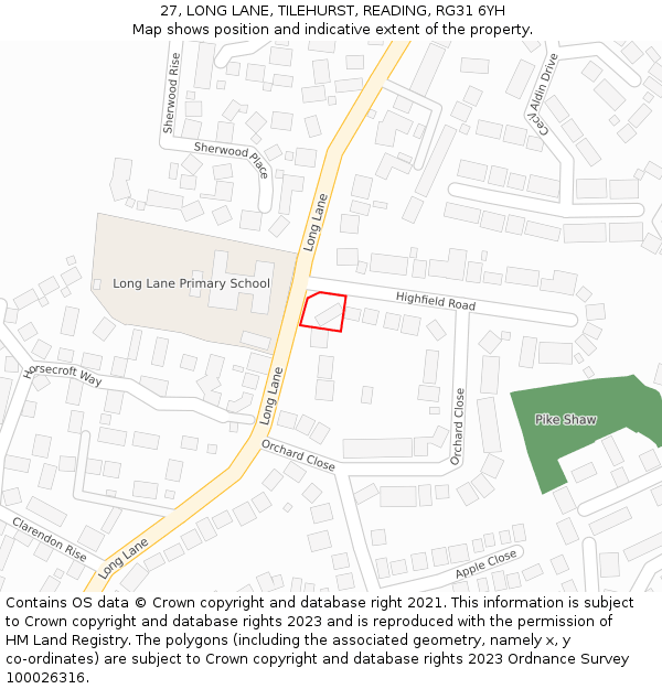 27, LONG LANE, TILEHURST, READING, RG31 6YH: Location map and indicative extent of plot