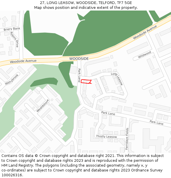 27, LONG LEASOW, WOODSIDE, TELFORD, TF7 5GE: Location map and indicative extent of plot