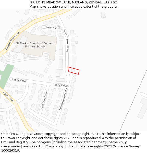 27, LONG MEADOW LANE, NATLAND, KENDAL, LA9 7QZ: Location map and indicative extent of plot