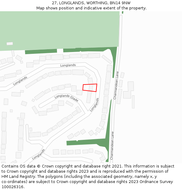 27, LONGLANDS, WORTHING, BN14 9NW: Location map and indicative extent of plot