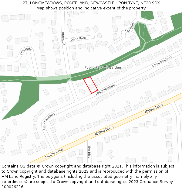 27, LONGMEADOWS, PONTELAND, NEWCASTLE UPON TYNE, NE20 9DX: Location map and indicative extent of plot