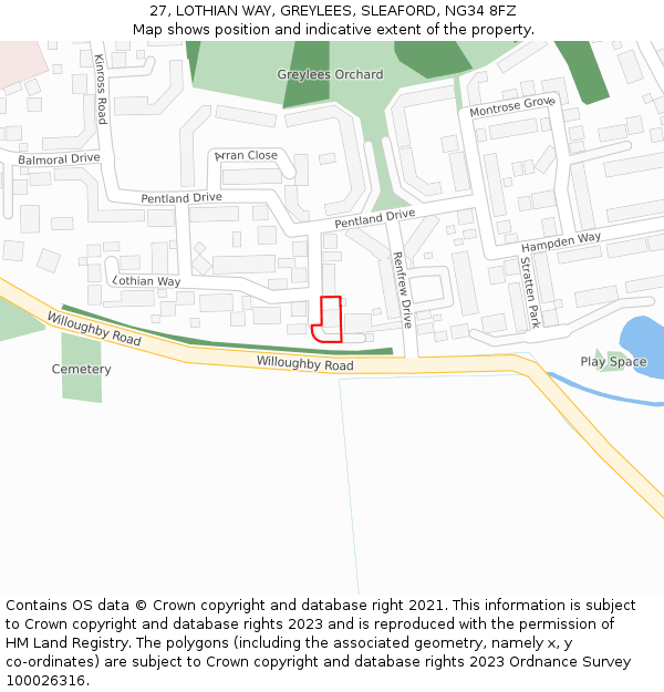 27, LOTHIAN WAY, GREYLEES, SLEAFORD, NG34 8FZ: Location map and indicative extent of plot