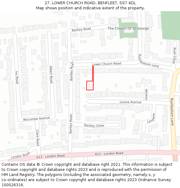 27, LOWER CHURCH ROAD, BENFLEET, SS7 4DL: Location map and indicative extent of plot