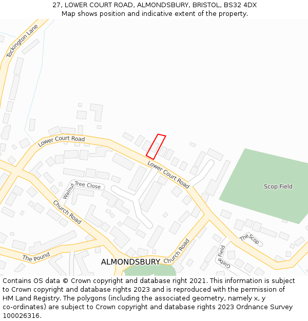 27, LOWER COURT ROAD, ALMONDSBURY, BRISTOL, BS32 4DX: Location map and indicative extent of plot