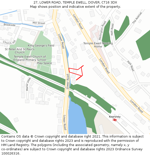 27, LOWER ROAD, TEMPLE EWELL, DOVER, CT16 3DX: Location map and indicative extent of plot