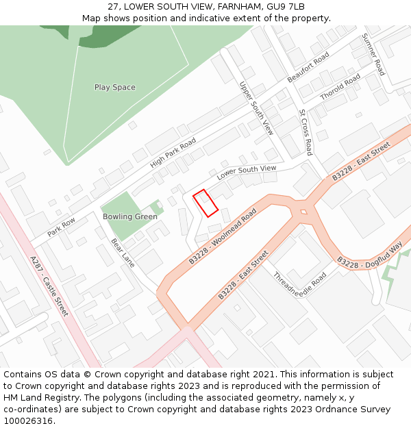 27, LOWER SOUTH VIEW, FARNHAM, GU9 7LB: Location map and indicative extent of plot