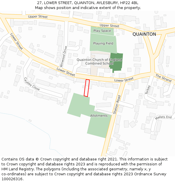 27, LOWER STREET, QUAINTON, AYLESBURY, HP22 4BL: Location map and indicative extent of plot