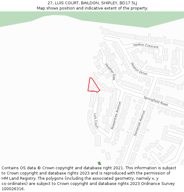 27, LUIS COURT, BAILDON, SHIPLEY, BD17 5LJ: Location map and indicative extent of plot