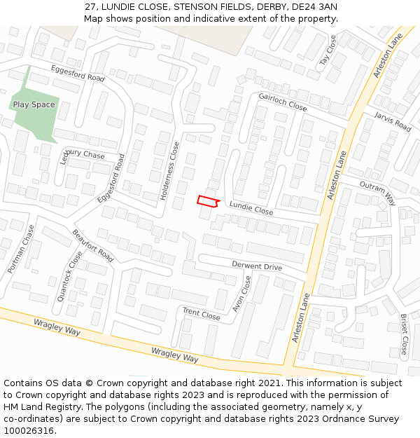 27, LUNDIE CLOSE, STENSON FIELDS, DERBY, DE24 3AN: Location map and indicative extent of plot