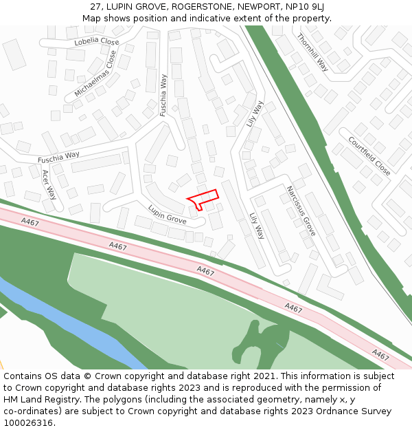 27, LUPIN GROVE, ROGERSTONE, NEWPORT, NP10 9LJ: Location map and indicative extent of plot