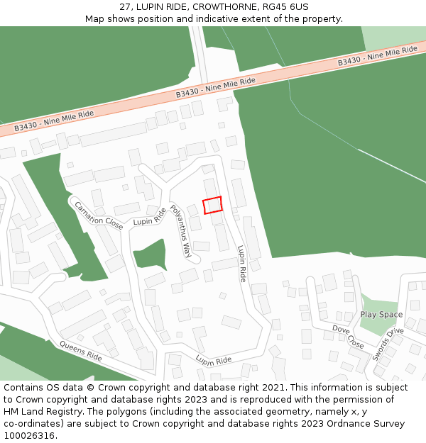 27, LUPIN RIDE, CROWTHORNE, RG45 6US: Location map and indicative extent of plot