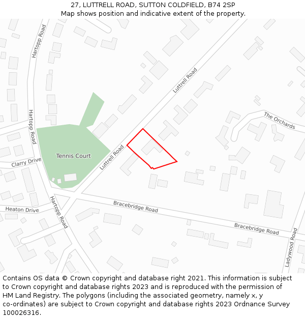 27, LUTTRELL ROAD, SUTTON COLDFIELD, B74 2SP: Location map and indicative extent of plot