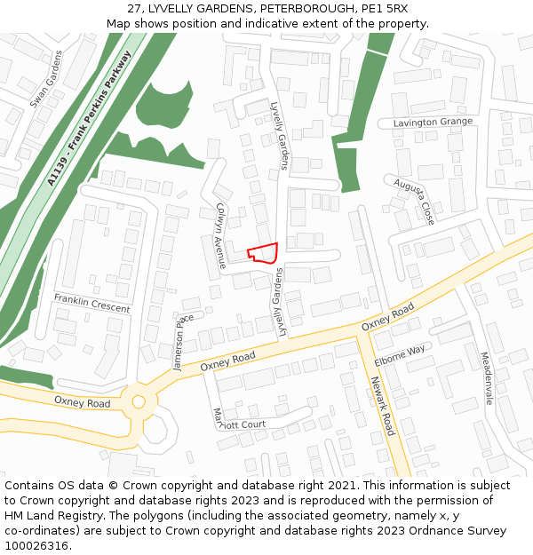 27, LYVELLY GARDENS, PETERBOROUGH, PE1 5RX: Location map and indicative extent of plot