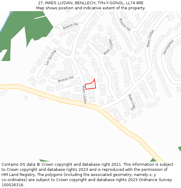 27, MAES LLYDAN, BENLLECH, TYN-Y-GONGL, LL74 8RE: Location map and indicative extent of plot