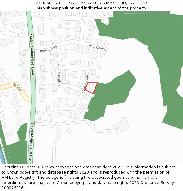 27, MAES YR HELYG, LLANDYBIE, AMMANFORD, SA18 2SX: Location map and indicative extent of plot