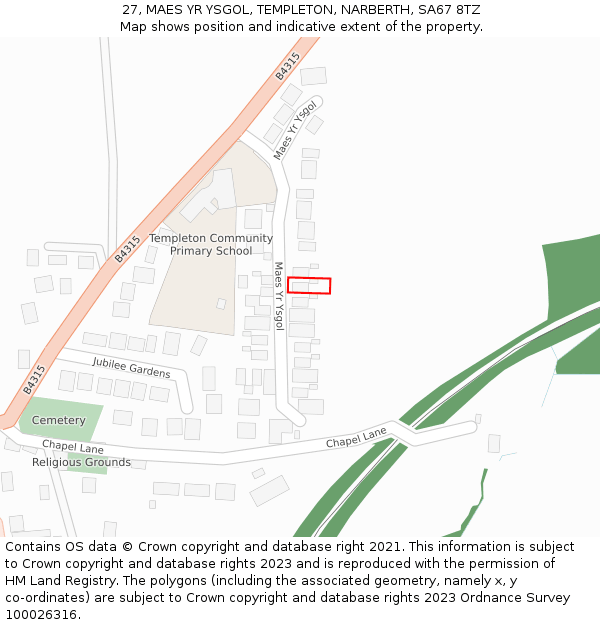 27, MAES YR YSGOL, TEMPLETON, NARBERTH, SA67 8TZ: Location map and indicative extent of plot